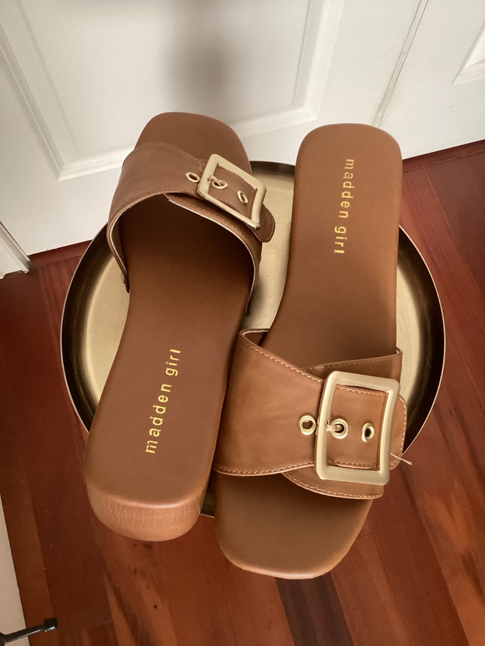 Madden Girl Tan Slide Sandals with Oversized Buckle - Picture 5 of 7